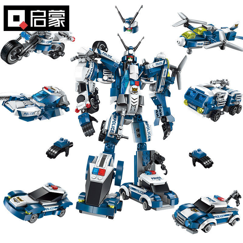 启蒙1407疾风战将积木六合一直接变形机器人战斧摩托学校颗粒积木