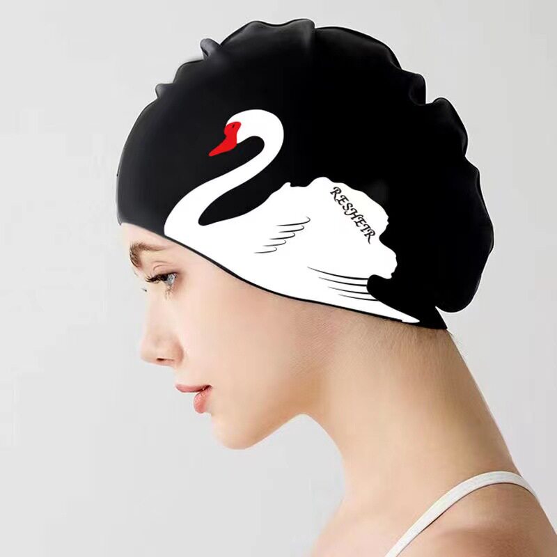 瑞汐尔泳帽女加大护耳防水不勒头长发专用硅胶天鹅印花图案游泳帽图片