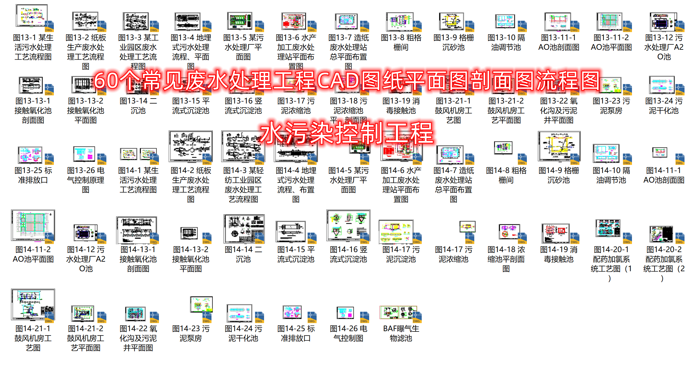 60个常见废水处理工程CAD图纸平面图剖面图流程图