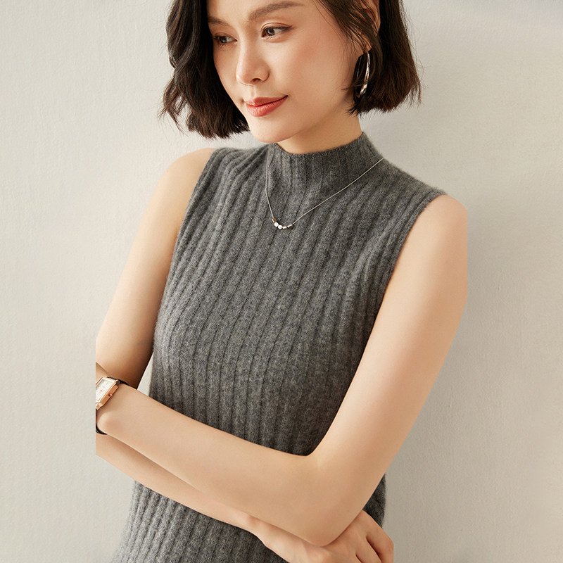 山羊绒马甲女半高领抽条无袖套头毛衣显瘦针织内搭马甲