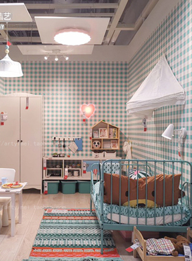 绿色格子壁纸ins北欧儿童房墙纸满屋贴样板房装饰背景墙时尚墙布