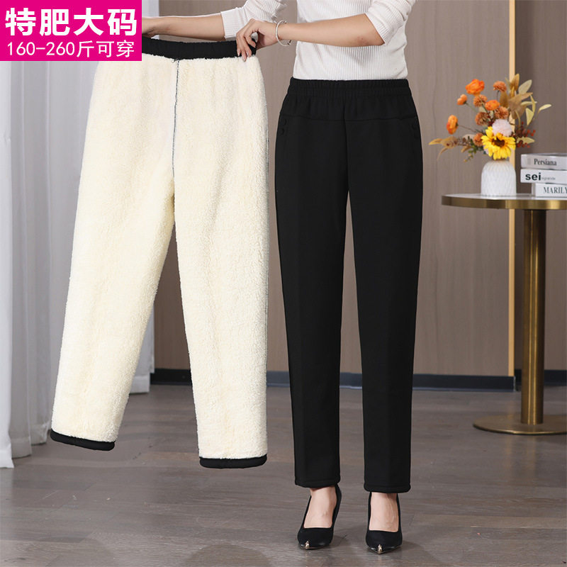 中老年胖妈妈裤子200斤松紧高腰女裤奶奶超肥大码冬季加绒长裤厚
