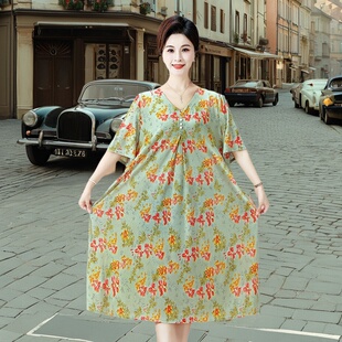 210斤胖妈妈夏季短袖连衣裙新款中老年女装宽松时尚减龄大码长裙