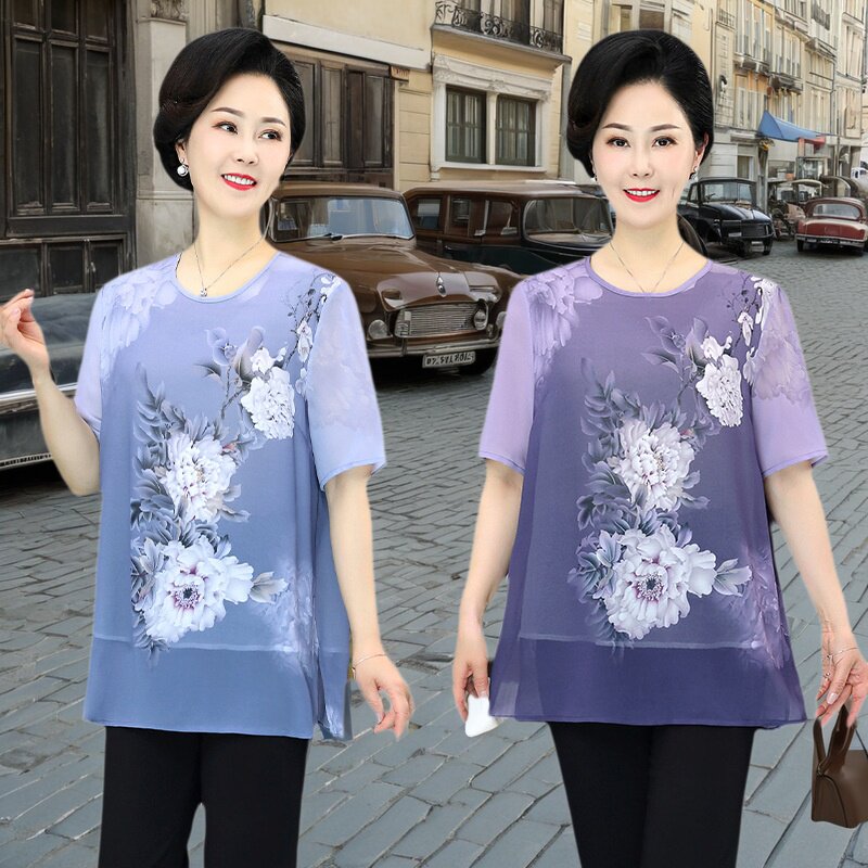 230斤加肥大码胖妈妈夏季短袖T恤中老年女装洋气雪纺衣高个子夏装