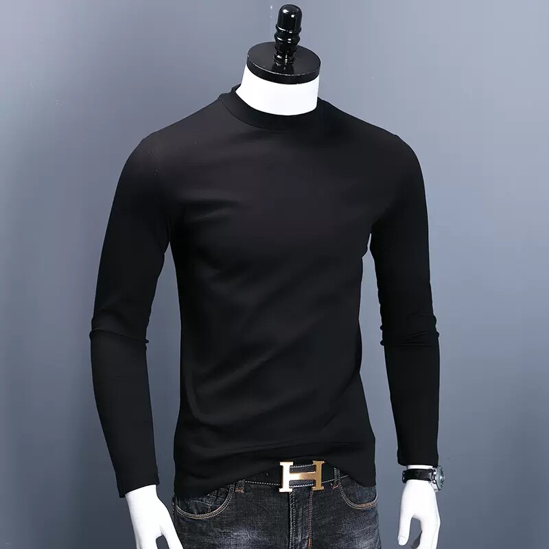 中领长袖t恤男秋季半小高圆领修身丝光棉上衣服内搭纯棉打底衫冬