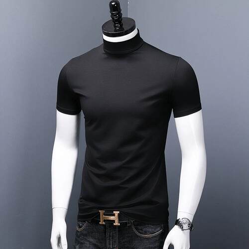 半高领短袖t恤男春夏打底衫丝光棉修身莫代尔潮流中领内搭半袖t男