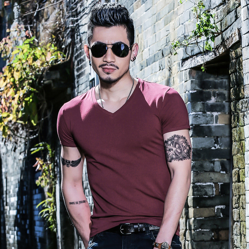 短袖t恤男潮流贴身V领夏季纯棉紧身体恤打底衫修身半袖鸡心领衣服