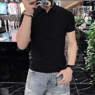 夏季高档纯棉新款修身黑色polo衫男士翻领短袖t恤成熟有领短袖男