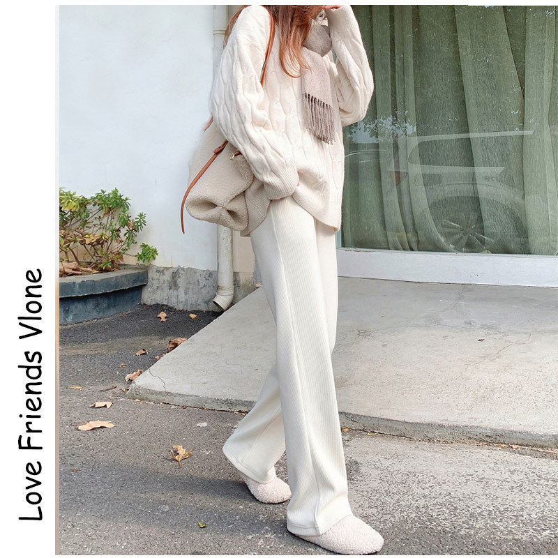 日系白色阔腿裤女秋冬2025新款高腰垂感显瘦拖地裤针织休闲直筒裤