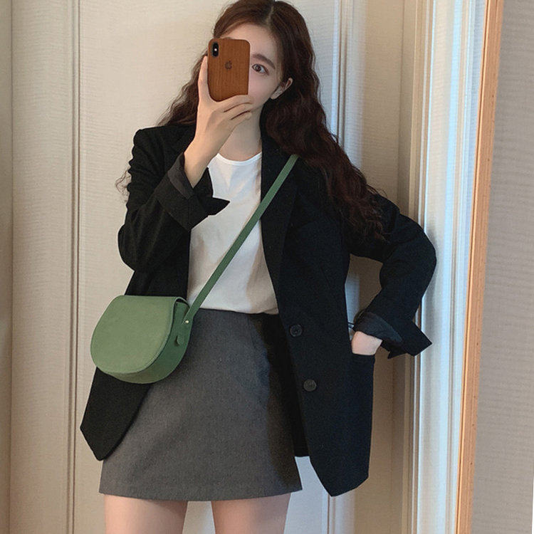 日系黑色小西装女春秋季新款休闲百搭小个子西服长袖宽松外套上衣