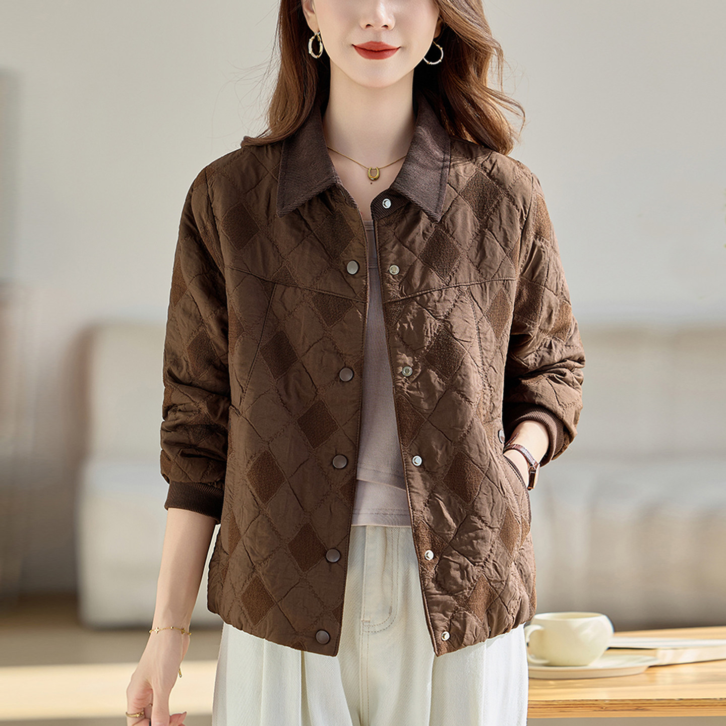 菱格短外套女2026春秋新款今年流行翻领宽松休闲显瘦爆款夹克上衣