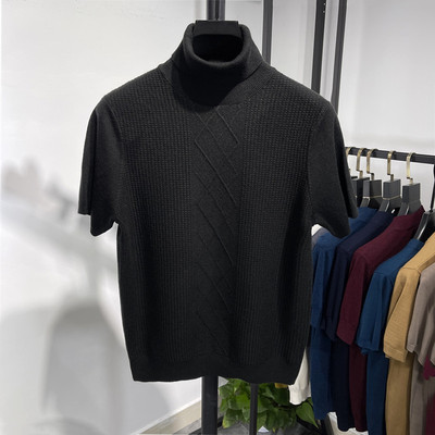 高领羊毛衫短袖毛衣男秋冬加厚保暖打底衫男士双翻领针织T恤半袖