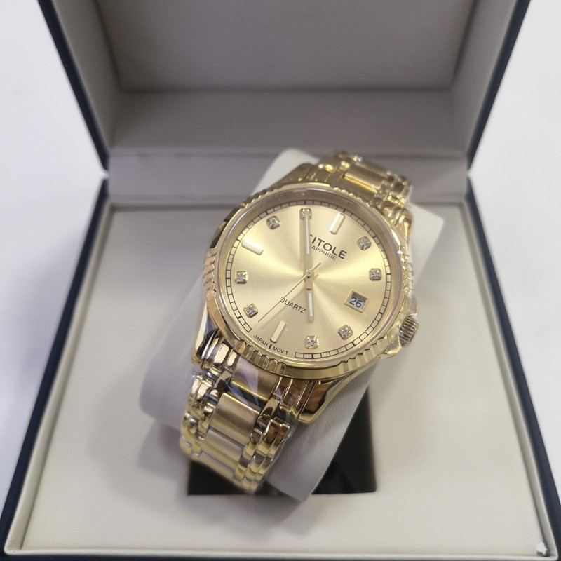 西腾商务表简约男钢带防水金色表