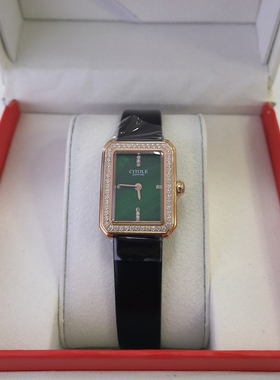 citole5243小方表真皮满钻时尚女表绿底黑色表带白底绿色表带防水