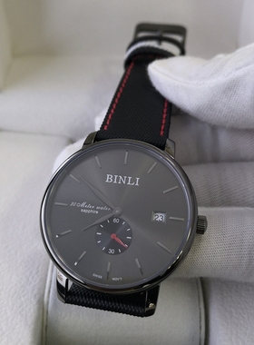 宾利8096超薄个性设计帆布皮带独立秒盘中性表男女通用红色指针表
