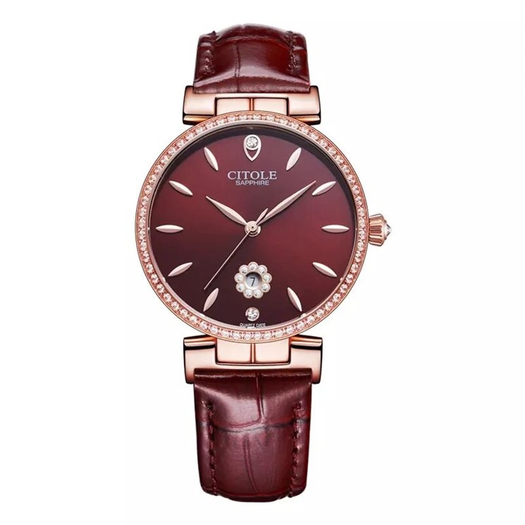 轻奢风满钻白色真皮防水石英表