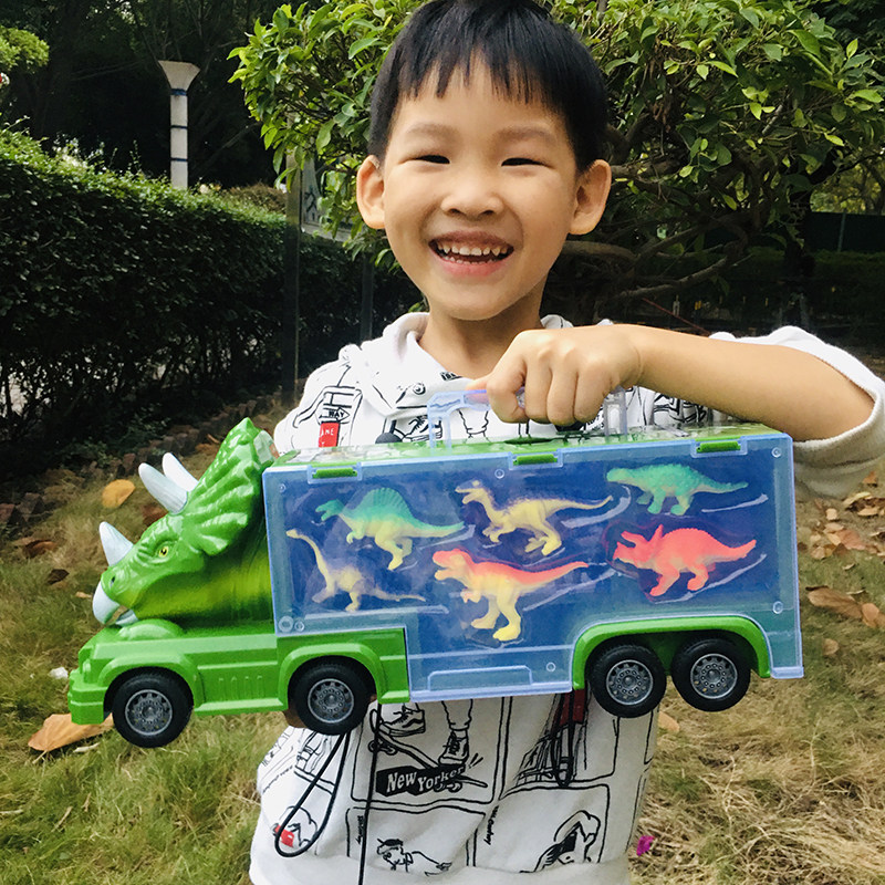 软胶仿真恐龙玩具手提惯性收纳货柜车儿童模型男孩三角龙刺龙耐摔