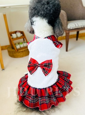 宠物狗狗衣服冬天加绒加厚蝴蝶结礼服甜美圣诞格子JK公主裙子