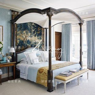 知翁法式复古雕花实木床美式罗马柱床家用卧室双人床帷幔床公主床