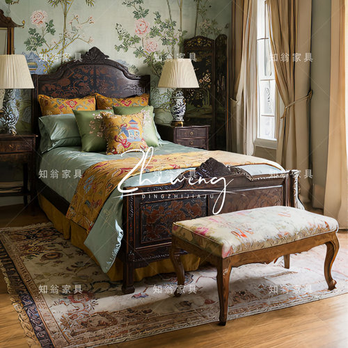法式复古雕花风实木床彩绘双人床