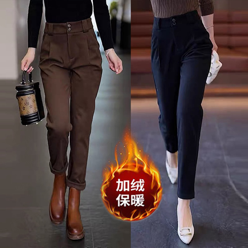 休闲毛呢烟管裤女2023春秋季新款加绒加厚保暖高腰显瘦呢子哈伦裤