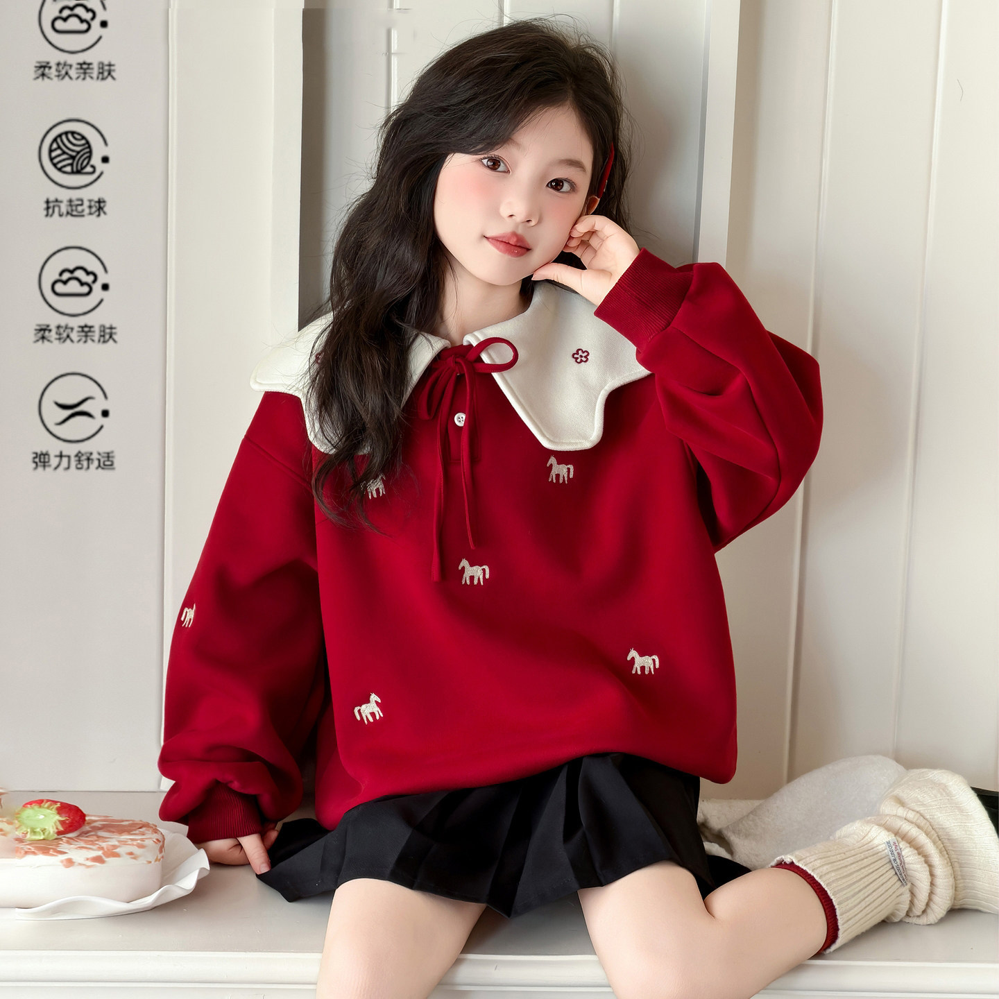 女童娃娃领加绒加厚卫衣冬季2026新款儿童本命年服女大童打底上衣