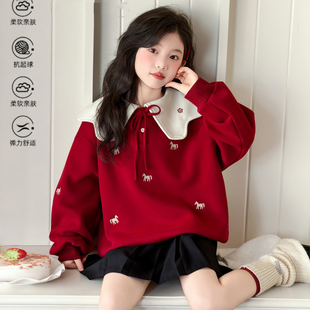 女童娃娃领加绒加厚卫衣冬季2026新款儿童本命年服女大童打底上衣