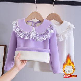 女童加绒打底衫秋冬2025新款儿童娃娃领女孩内搭长袖卫衣加厚上衣