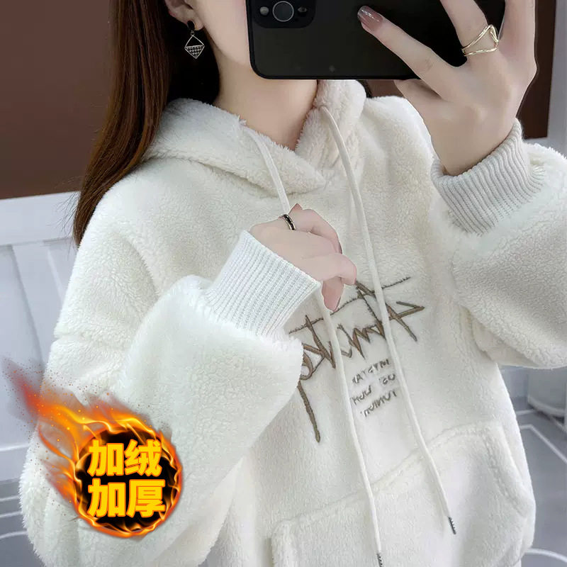 女童羊羔毛卫衣加绒加厚2026秋冬新款中大童字母刺绣洋气上衣外套