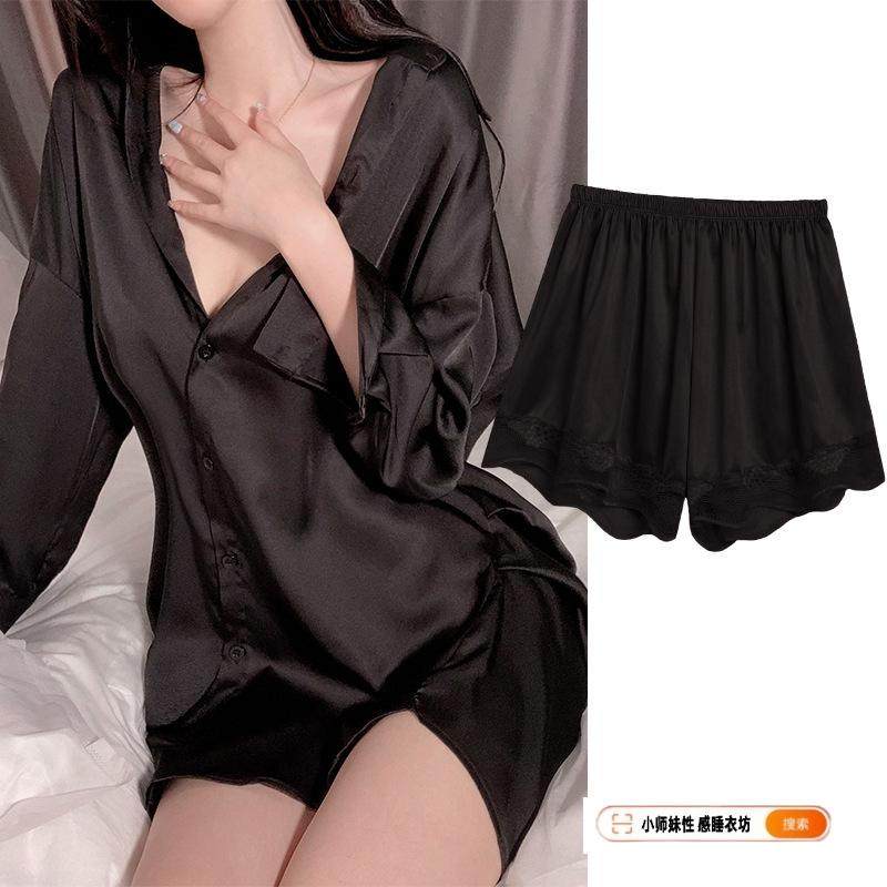 维多利亚性感睡衣女冰丝纯欲风透明男友风高级款真丝长袖衬衫诱惑