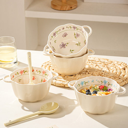 奶油风釉下彩双耳碗新款陶瓷家用碗高颜值餐具甜品碗水果碗具小碗
