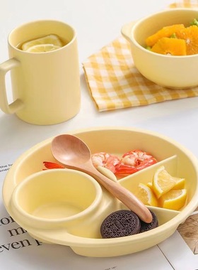 韩国ins分格减脂餐盘一人食家用早餐餐具奶黄色陶瓷减脂餐盘套装
