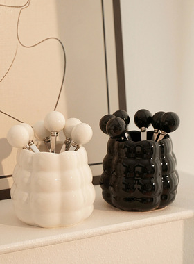 奶油风陶瓷珍珠果叉套裝高颜值水果签家居装饰好物茶几收纳筒