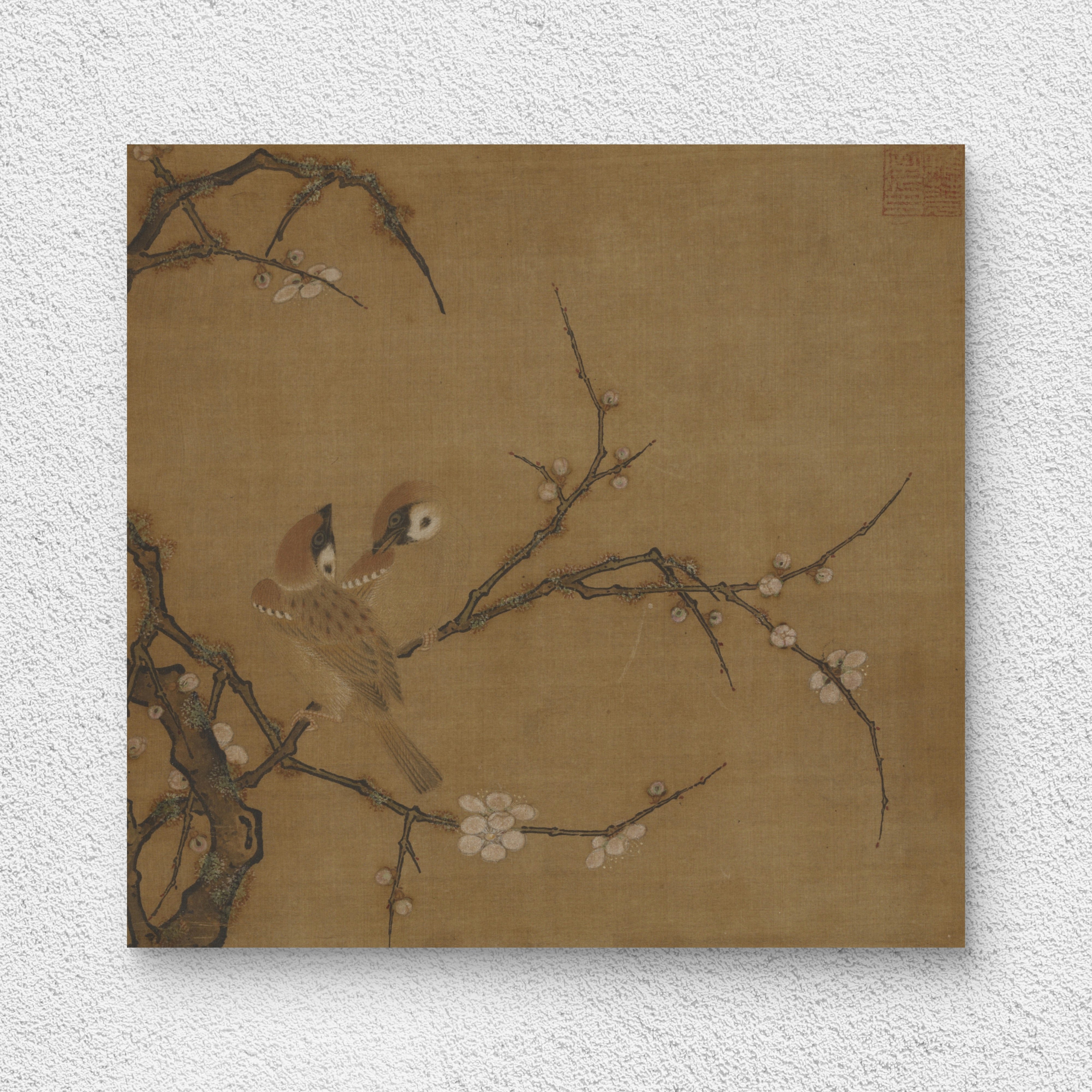 马麟 梅花双雀图 设色花鸟 国画小品 纸本绢布 微喷复制 锦盒包装