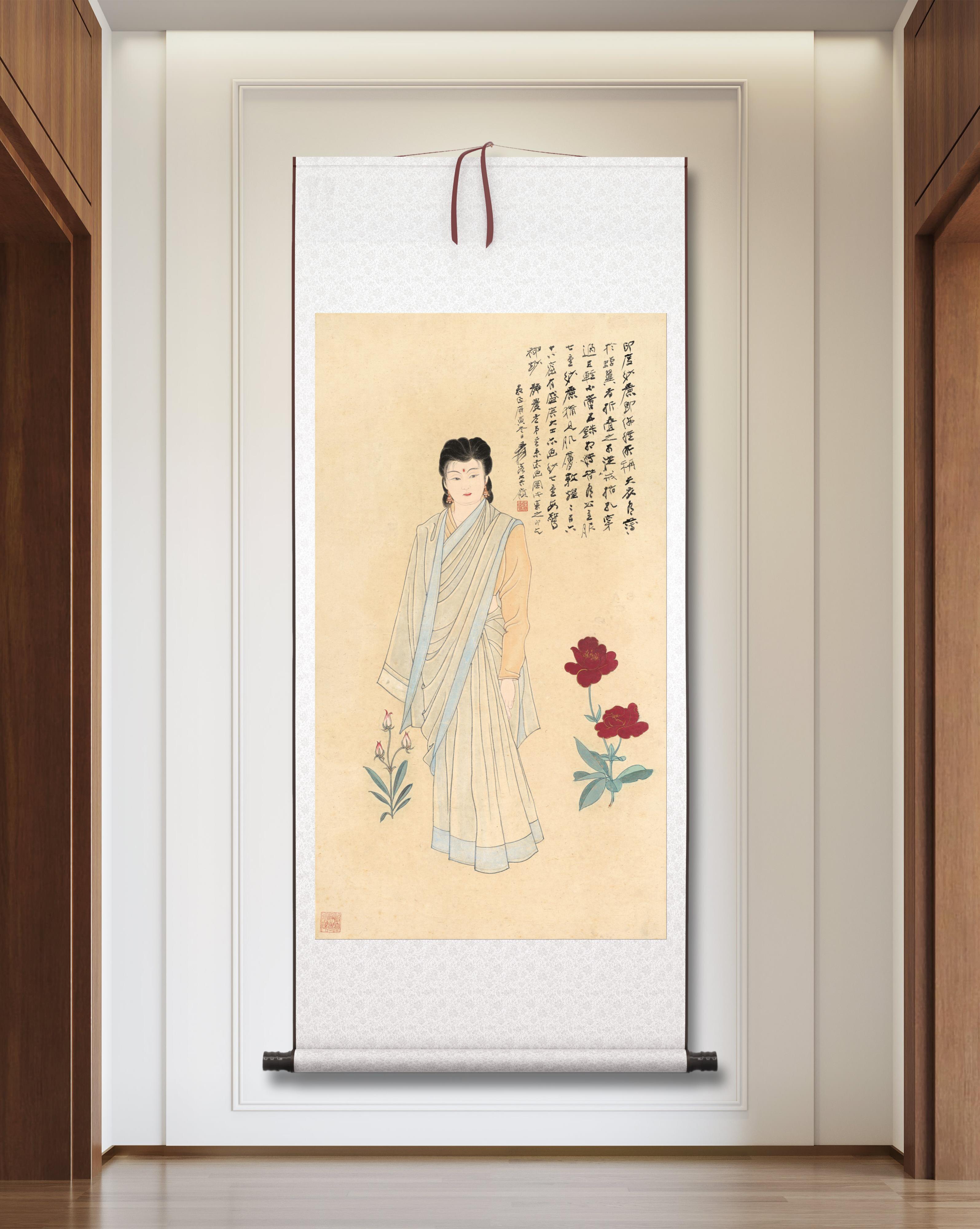 张大千 仕女图 敦煌人物 墙面装饰 画芯挂轴 纸本绢布 微喷复制