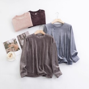 日单女士自发热双面绒保暖上衣秋冬圆领家居服超柔男可穿加大加肥