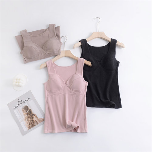 双面德绒含桑蚕丝免穿文胸保暖背心包装上装无袖自发热薄绒