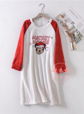 仓库清仓处理外贸女士珊瑚绒睡裙家居服睡衣长裙套头长袖卡通