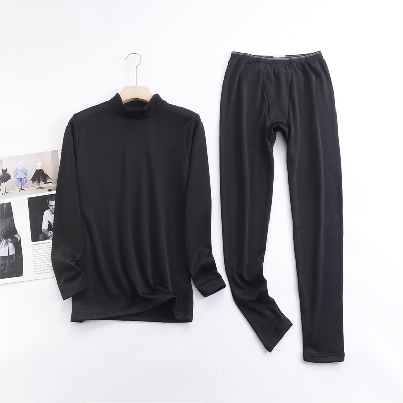 出口日本男士涤纶加绒加厚保暖内衣套装半高领加秋裤