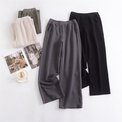 补货啦外贸原单女士华夫格弹力松紧直筒裤家居裤休闲裤