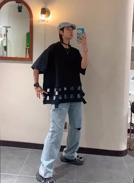 原创设计男装日系简约宽松镂空黑色个性小众短袖t恤男潮半袖女士t