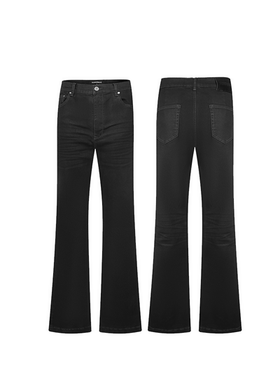 SUNINWAVE 春秋新款修身弹力纯黑质感褶皱猫须微喇中高腰牛仔长裤