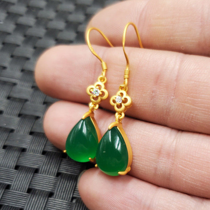 玉石耳环冰种绿玉髓水滴耳环古法金镶嵚碧绿色水滴耳坠玉石耳环,珠宝/钻石/翡翠,耳饰,淘宝优惠券,粉丝福利购,淘宝优惠卷