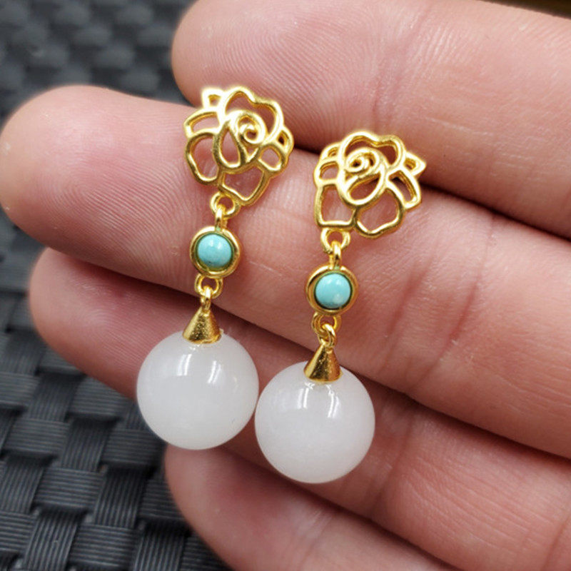 新款精美天然玉石a货新疆白玉圆珠耳钉白玉金丝玉耳环玉石耳坠,珠宝/钻石/翡翠,耳饰,淘宝优惠券,粉丝福利购,淘宝优惠卷