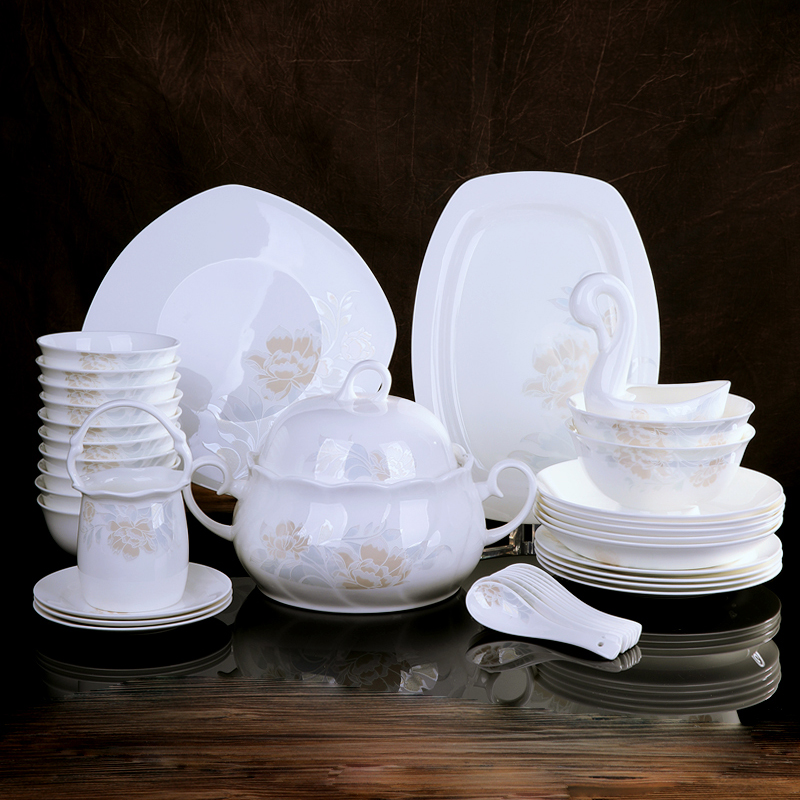 锦秋堂 景德镇陶瓷家用碗盘碟58头骨瓷餐具套装 结婚礼品 清雅