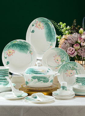 景德镇骨瓷餐具套组 58头家用陶瓷器碗碟 釉下彩映日荷花结婚礼品