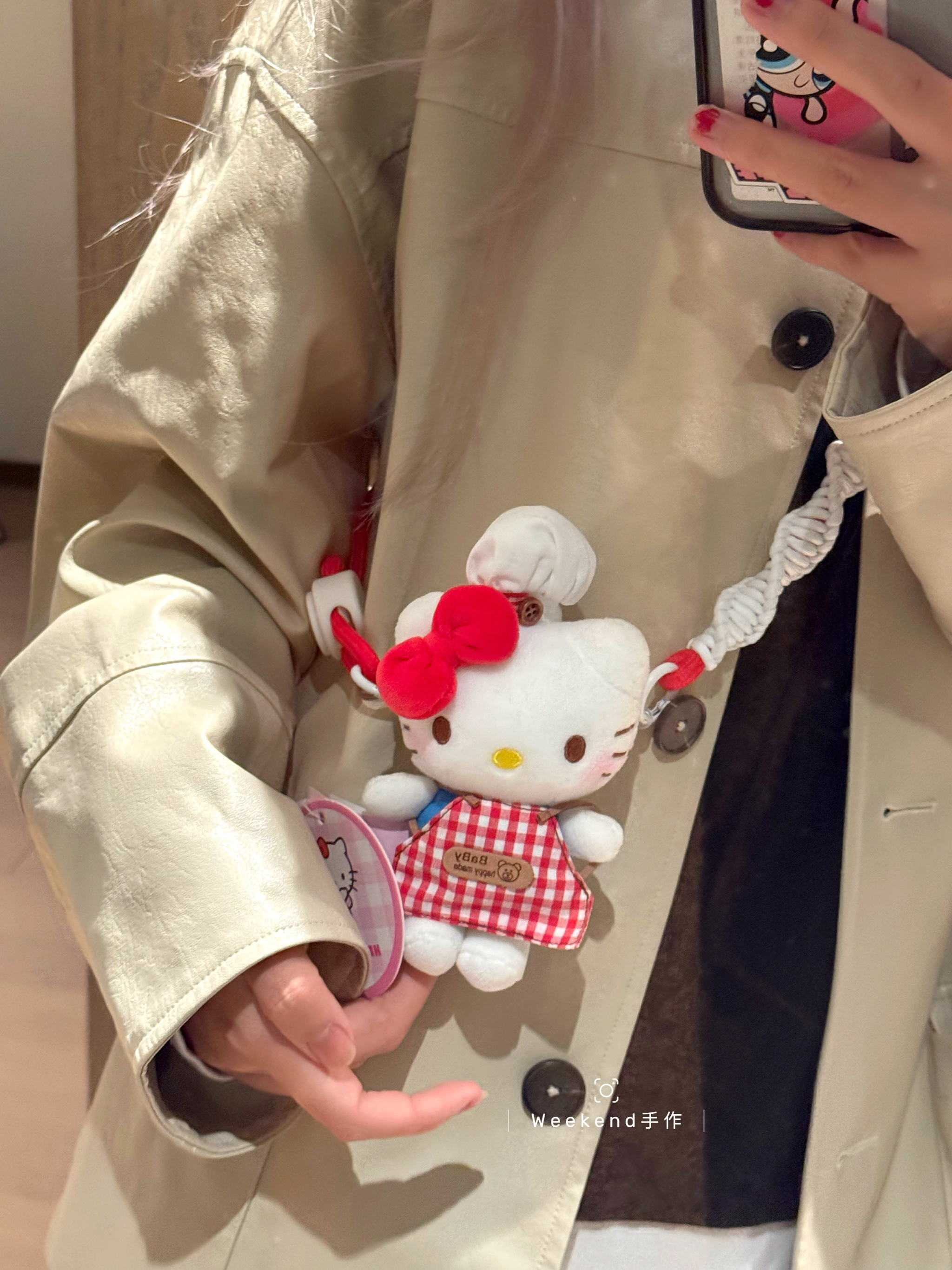正版厨师hellokitty毛绒公仔定制手机背夹可斜挎便携送闺蜜礼物萌