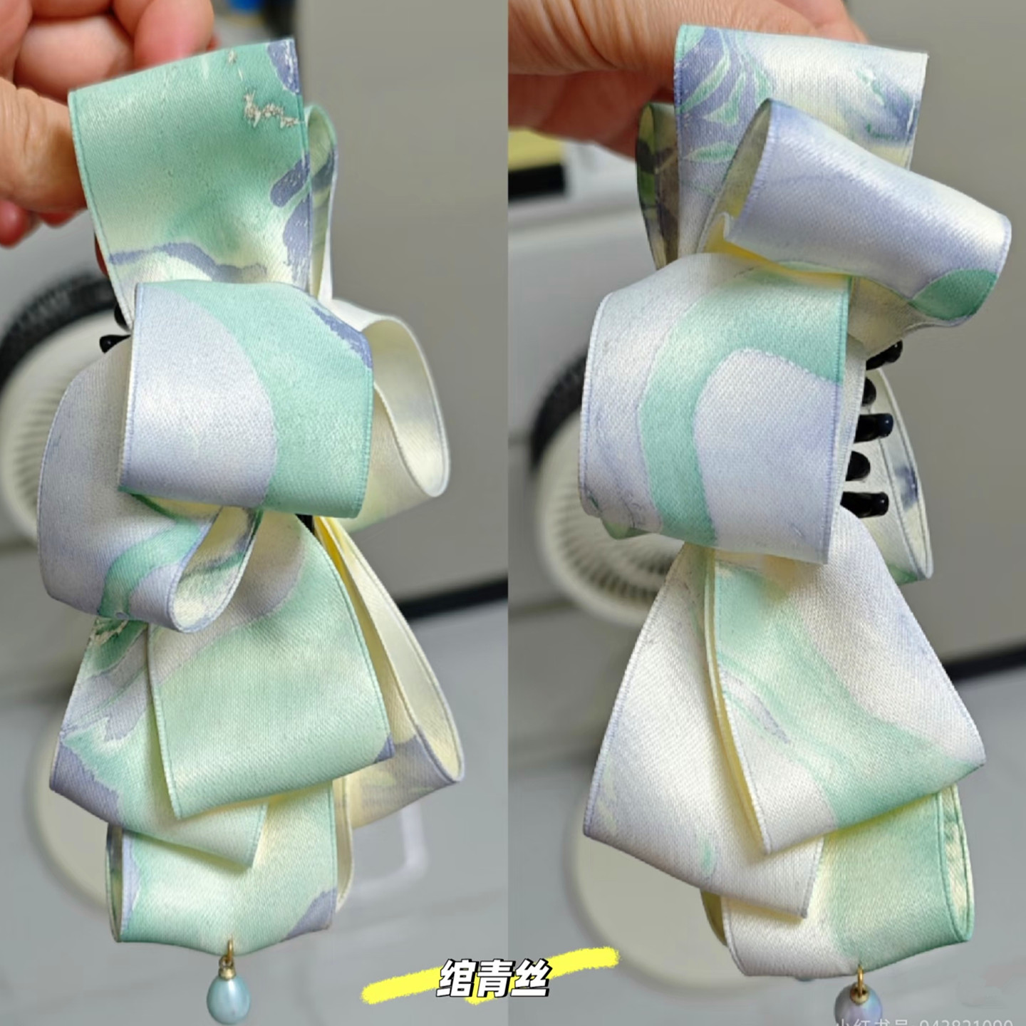 大漆香蕉夹双面缎面褶皱蝴蝶结珍珠飘带抓夹发夹水拓漆画漂染白胚