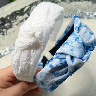 扎染发箍白胚白色蓝染发饰头箍成品民族风旅游景点热卖发圈水拓画