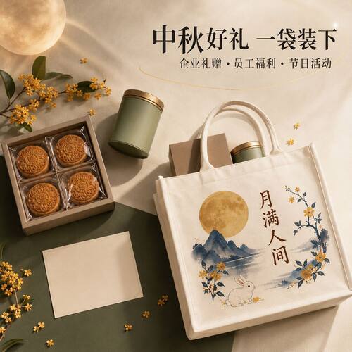 中秋国风帆布袋月饼礼品手提袋企业伴手礼托特包花好月圆包装袋子